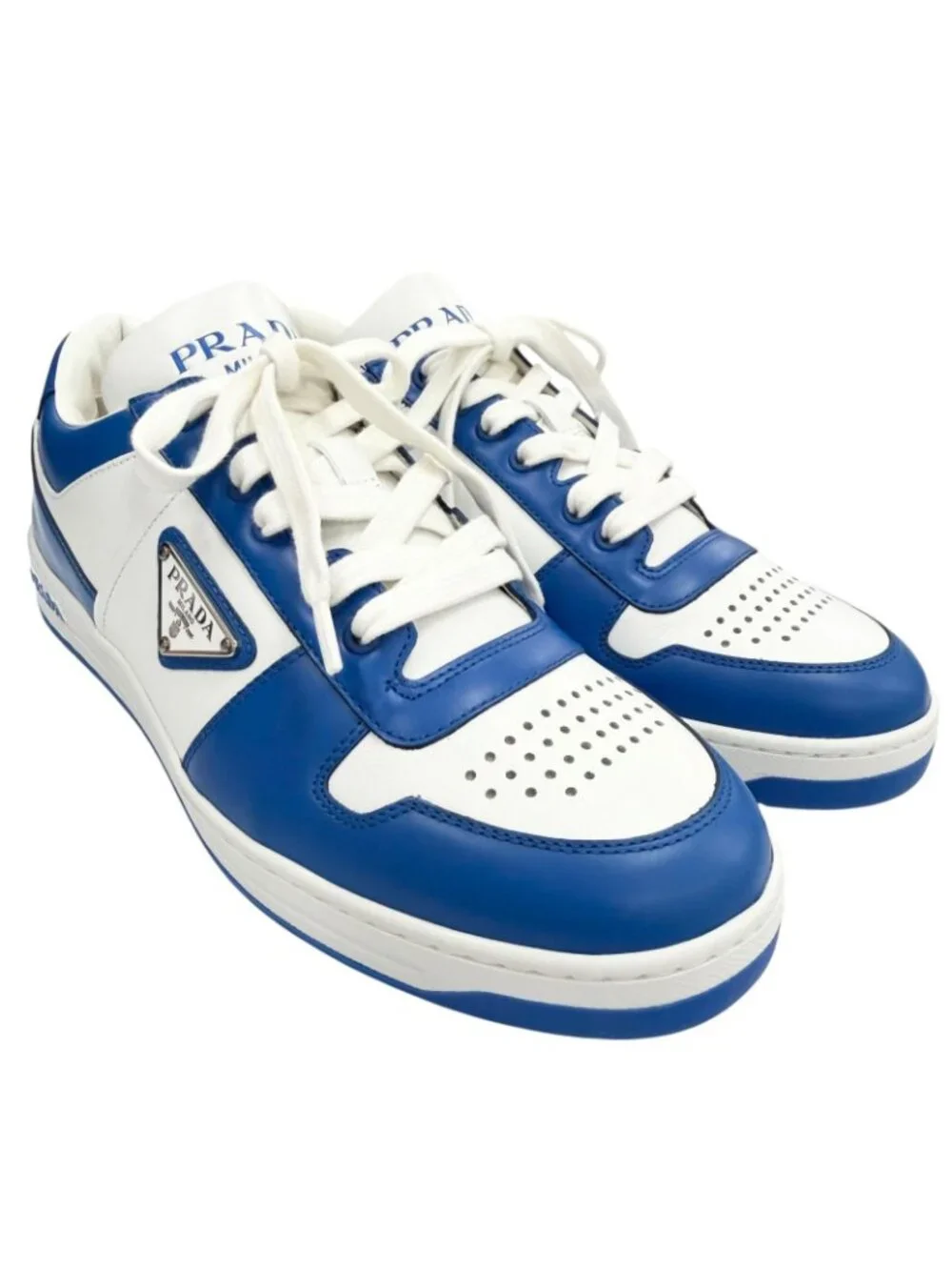 Prada Leather Triangle Logo Plate Low Cut Sneakers Blue White 5